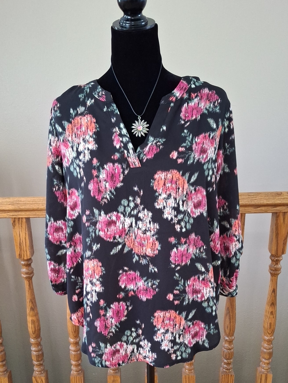 Maurices Black Floral V-Neck Blouse